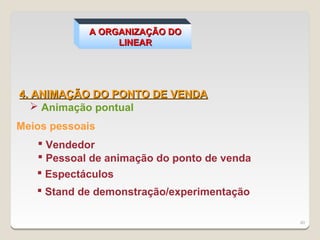 A ORGANIZAÇÃO DO
                 LINEAR




4. ANIMAÇÃO DO PONTO DE VENDA
    Animação pontual
Meios pessoais
    Vendedor
    Pessoal de animação do ponto de venda
    Espectáculos
    Stand de demonstração/experimentação

                                             40
 
