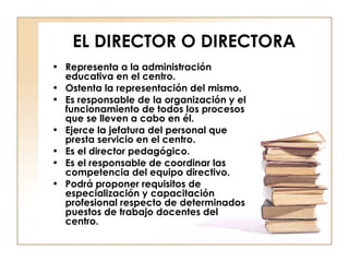 EL DIRECTOR O DIRECTORA Representa a la administración educativa en el centro. Ostenta la representación del mismo. Es responsable de la organización y el funcionamiento de todos los procesos que se lleven a cabo en él. Ejerce la jefatura del personal que presta servicio en el centro. Es el director pedagógico. Es el responsable de coordinar las competencia del equipo directivo. Podrá proponer requisitos de especialización y capacitación profesional respecto de determinados puestos de trabajo docentes del centro. 