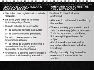 QUANDO E COMO UTILIZAR O CADERNO DIÁRIO? Nas aulas, para registar todo o trabalho realizado;  Em  casa, para fazer os trabalhos indicados pelo professor;  Quando estudas deve consultar:  1 o  - os sumários (síntese das aulas)  2 o  - as palavras e ideias principais;  3 o  - tudo o que escreveu sobre determinado assunto;  4 o  - as fichas de trabalho bem como o manual ou outros livros, para aprofundar os conhecimentos.  Finalmente, o caderno diário é utilizado para fazer a síntese do que estudou. WHEN AND HOW TO USE THE DAILY NOTEBOOK? In class, to record all work performed; At home, to do the work identified by the teacher; When you study you should consult: 1st - the summary (abstract classes) 2nd - the words and main ideas; 3rd - everything written on the subject; 4th - the worksheets as well as manual or other books, to further knowledge. Finally, the daily diary is used to make a synthesis of what he studied. 