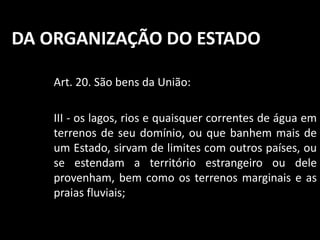 DA ORGANIZAÇÃO DO ESTADO 
Art. 20. São bens da União: 
III - os lagos, rios e quaisquer correntes de água em 
terrenos de seu domínio, ou que banhem mais de 
um Estado, sirvam de limites com outros países, ou 
se estendam a território estrangeiro ou dele 
provenham, bem como os terrenos marginais e as 
praias fluviais; 
 