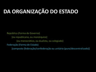 DA ORGANIZAÇÃO DO ESTADO 
República (Forma de Governo) 
[ou republicano, ou monárquico] 
{ou monocrático, ou dualista, ou colegiado} 
Federação (Forma de Estado) 
[composto (federação/confederação ou unitário (puro/descentralizado)] 
 