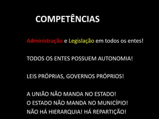 COMPETÊNCIAS 
Administração e Legislação em todos os entes! 
TODOS OS ENTES POSSUEM AUTONOMIA! 
LEIS PRÓPRIAS, GOVERNOS PRÓPRIOS! 
A UNIÃO NÃO MANDA NO ESTADO! 
O ESTADO NÃO MANDA NO MUNICÍPIO! 
NÃO HÁ HIERARQUIA! HÁ REPARTIÇÃO! 
 