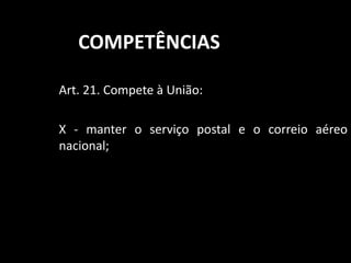 COMPETÊNCIAS 
Art. 21. Compete à União: 
X - manter o serviço postal e o correio aéreo 
nacional; 
 