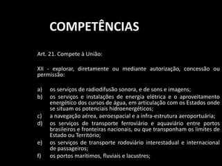 COMPETÊNCIAS 
Art. 21. Compete à União: 
XII - explorar, diretamente ou mediante autorização, concessão ou 
permissão: 
a) os serviços de radiodifusão sonora, e de sons e imagens; 
b) os serviços e instalações de energia elétrica e o aproveitamento 
energético dos cursos de água, em articulação com os Estados onde 
se situam os potenciais hidroenergéticos; 
c) a navegação aérea, aeroespacial e a infra-estrutura aeroportuária; 
d) os serviços de transporte ferroviário e aquaviário entre portos 
brasileiros e fronteiras nacionais, ou que transponham os limites de 
Estado ou Território; 
e) os serviços de transporte rodoviário interestadual e internacional 
de passageiros; 
f) os portos marítimos, fluviais e lacustres; 
 