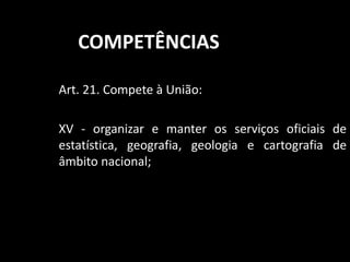 COMPETÊNCIAS 
Art. 21. Compete à União: 
XV - organizar e manter os serviços oficiais de 
estatística, geografia, geologia e cartografia de 
âmbito nacional; 
 