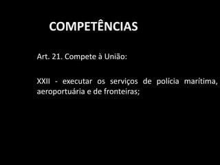 COMPETÊNCIAS 
Art. 21. Compete à União: 
XXII - executar os serviços de polícia marítima, 
aeroportuária e de fronteiras; 
 