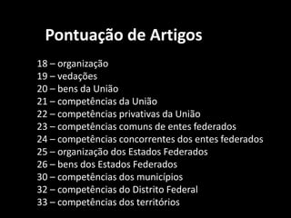 Pontuação de Artigos 
18 – organização 
19 – vedações 
20 – bens da União 
21 – competências da União 
22 – competências privativas da União 
23 – competências comuns de entes federados 
24 – competências concorrentes dos entes federados 
25 – organização dos Estados Federados 
26 – bens dos Estados Federados 
30 – competências dos municípios 
32 – competências do Distrito Federal 
33 – competências dos territórios 
 