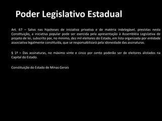 Poder Legislativo Estadual 
Art. 67 – Salvo nas hipóteses de iniciativa privativa e de matéria indelegável, previstas nesta 
Constituição, a iniciativa popular pode ser exercida pela apresentação à Assembléia Legislativa de 
projeto de lei, subscrito por, no mínimo, dez mil eleitores do Estado, em lista organizada por entidade 
associativa legalmente constituída, que se responsabilizará pela idoneidade das assinaturas. 
§ 1º – Das assinaturas, no máximo vinte e cinco por cento poderão ser de eleitores alistados na 
Capital do Estado. 
Constituição do Estado de Minas Gerais 
 