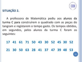 11
17 41 61 71 50 43 30 52 45 30 52
21 30 50 63 28 41 37 47 39 48 53
SITUAÇÃO 2.
A professora de Matemática pediu aos alunos da
turma C para construírem o quadrado com as peças do
tangram e registarem o tempo gasto. Os tempos obtidos,
em segundos, pelos alunos da turma C foram os
seguintes:
 