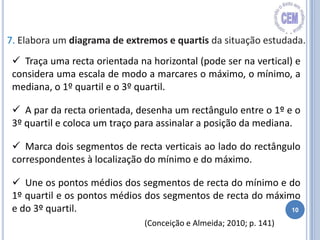 10
7. Elabora um diagrama de extremos e quartis da situação estudada.
 Traça uma recta orientada na horizontal (pode ser na vertical) e
considera uma escala de modo a marcares o máximo, o mínimo, a
mediana, o 1º quartil e o 3º quartil.
 A par da recta orientada, desenha um rectângulo entre o 1º e o
3º quartil e coloca um traço para assinalar a posição da mediana.
 Marca dois segmentos de recta verticais ao lado do rectângulo
correspondentes à localização do mínimo e do máximo.
 Une os pontos médios dos segmentos de recta do mínimo e do
1º quartil e os pontos médios dos segmentos de recta do máximo
e do 3º quartil.
(Conceição e Almeida; 2010; p. 141)
 