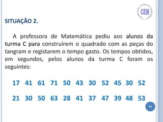 11
17 41 61 71 50 43 30 52 45 30 52
21 30 50 63 28 41 37 47 39 48 53
SITUAÇÃO 2.
A professora de Matemática pediu aos alunos da
turma C para construírem o quadrado com as peças do
tangram e registarem o tempo gasto. Os tempos obtidos,
em segundos, pelos alunos da turma C foram os
seguintes:
 