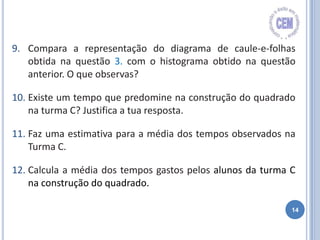 14
9. Compara a representação do diagrama de caule-e-folhas
obtida na questão 3. com o histograma obtido na questão
anterior. O que observas?
10. Existe um tempo que predomine na construção do quadrado
na turma C? Justifica a tua resposta.
11. Faz uma estimativa para a média dos tempos observados na
Turma C.
12. Calcula a média dos tempos gastos pelos alunos da turma C
na construção do quadrado.
 