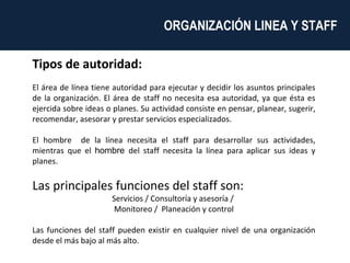 Tipos de autoridad:  El área de línea tiene autoridad para ejecutar y decidir los asuntos principales de la organización. El área de staff no necesita esa autoridad, ya que ésta es ejercida sobre ideas o planes. Su actividad consiste en pensar, planear, sugerir, recomendar, asesorar y prestar servicios especializados. El hombre  de la línea necesita el staff para desarrollar sus actividades, mientras que el  hombre  del staff necesita la línea para aplicar sus ideas y planes. Las principales funciones del staff son: Servicios / Consultoría y asesoría /  Monitoreo /  Planeación y control Las funciones del staff pueden existir en cualquier nivel de una organización desde el más bajo al más alto. ORGANIZACIÓN LINEA Y STAFF  