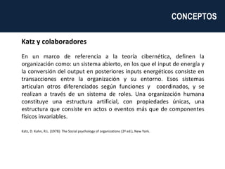 Katz y colaboradores En un marco de referencia a la teoría cibernética, definen la organización como: un sistema abierto, en los que el input de energía y la conversión del output en posteriores inputs energéticos consiste en transacciones entre la organización y su entorno. Esos sistemas articulan otros diferenciados según funciones y  coordinados, y se realizan a través de un sistema de roles. Una organización humana constituye una estructura artificial, con propiedades únicas, una estructura que consiste en actos o eventos más que de componentes físicos invariables.   Katz, D. Kahn, R.L. (1978): The Social psychology of organizations (2ª ed.), New York. CONCEPTOS  