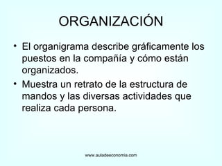 ORGANIZACIÓN El organigrama describe gráficamente los puestos en la compañía y cómo están organizados. Muestra un retrato de la estructura de mandos y las diversas actividades que realiza cada persona. www.auladeeconomia.com 