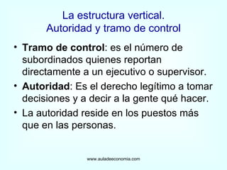 La estructura vertical. Autoridad y tramo de control Tramo de control : es el número de subordinados quienes reportan directamente a un ejecutivo o supervisor. Autoridad : Es el derecho legítimo a tomar decisiones y a decir a la gente qué hacer. La autoridad reside en los puestos más que en las personas. www.auladeeconomia.com 