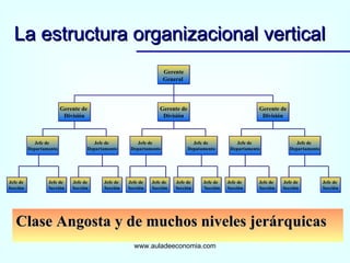 La estructura organizacional vertical www.auladeeconomia.com Clase Angosta y de muchos niveles jerárquicas Gerente  General  Gerente de División Gerente de División Gerente de  División Jefe de  Departamento Jefe de  Departamento Jefe de  Departamento Jefe de  Depatamento Jefe de  Departamento Jefe de  Departamento Jefe de  Sección   Jefe de  Sección Jefe de Sección Jefe de  Sección Jefe de Sección Jefe de  Sección Jefe de Sección Jefe de  ´Sección Jefe de  Sección Jefe de  Sección Jefe de Sección Jefe de  Sección 