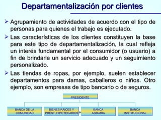 Agrupamiento de actividades de acuerdo con el tipo de personas para quienes el trabajo es ejecutado. Las características de los clientes constituyen la base para este tipo de departamentalización, la cual refleja un interés fundamental por el consumidor (o usuario) a fin de brindarle un servicio adecuado y un seguimiento personalizado. Las tiendas de ropas, por ejemplo, suelen establecer departamentos para damas, caballeros o niños. Otro ejemplo, son empresas de tipo bancario o de seguros. Departamentalización por clientes www.auladeeconomia.com Título del diagrama BANCA DE LA COMUNIDAD BIENES RAICES Y PREST, HIPOTECARIOS BANCA AGRARIA BANCA INSTITUCIONAL PRESIDENTE 