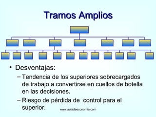 Tramos Amplios Desventajas: Tendencia de los superiores sobrecargados de trabajo a convertirse en cuellos de botella en las decisiones. Riesgo de pérdida de  control para el superior. www.auladeeconomia.com 