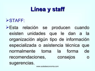 Línea y staff STAFF:   Esta relación se producen cuando existen unidades que le dan a la organización algún tipo de información especializada o asistencia técnica que normalmente toma la forma de recomendaciones, consejos o sugerencias. www.auladeeconomia.com 