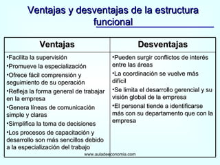 Ventajas y desventajas de la estructura funcional www.auladeeconomia.com Ventajas Desventajas Facilita la supervisión Promueve la especialización Ofrece fácil comprensión y seguimiento de su operación Refleja la forma general de trabajar en la empresa Genera líneas de comunicación simple y claras Simplifica la toma de decisiones Los procesos de capacitación y desarrollo son más sencillos debido a la especialización del trabajo Pueden surgir conflictos de interés entre las áreas La coordinación se vuelve más difícil Se limita el desarrollo gerencial y su visión global de la empresa El personal tiende a identificarse más con su departamento que con la empresa 