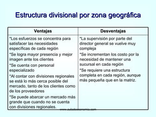 Estructura divisional por zona geográfica www.auladeeconomia.com Ventajas Desventajas *Los esfuerzos se concentra para satisfacer las necesidades específicas de cada región *Se logra mayor presencia y mejor imagen ante los clientes *Se cuenta con personal especializado *Al contar con divisiones regionales se está lo más cerca posible del mercado, tanto de los clientes como de los proveedores *Se puede abarcar un mercado más grande que cuando no se cuenta con divisiones regionales. *La supervisión por parte del director general se vuelve muy compleja *Se incrementan los costo por la necesidad de mantener una sucursal en cada región *Se requiere una estructura completa en cada región, aunque más pequeña que en la matriz. 
