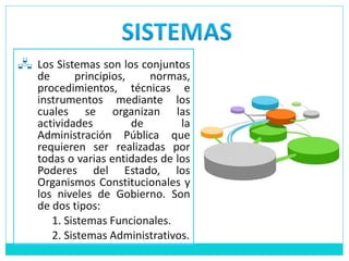 Los Sistemas son los conjuntos de principios, normas, procedimientos, técnicas e instrumentos mediante los cuales se organizan las actividades de la Administración Pública que requieren ser realizadas por todas o varias entidades de los Poderes del Estado, los Organismos Constitucionales y los niveles de Gobierno. Son de dos tipos: 1. Sistemas Funcionales. 2. Sistemas Administrativos. 