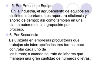  5. Por Proceso o Equipo
En la industria, el agrupamiento de equipos en
distintos departamentos reportará eficiencia y
ahorro de tiempo; así como también en una
planta automotriz, la agrupación por
proceso.
 6. Por Secuencia
Es utilizada en empresas productoras que
trabajan sin interrupción los tres turnos, para
controlar cada uno de
los turnos; o cuando se trate de labores que
manejen una gran cantidad de números o letras.

 