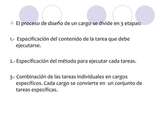  El proceso de diseño de un cargo se divide en 3 etapas:
1.- Especificación del contenido de la tarea que debe
ejecutarse.
2.- Especificación del método para ejecutar cada tareas.

3.- Combinación de las tareas individuales en cargos
específicos. Cada cargo se convierte en un conjunto de
tareas específicas.

 