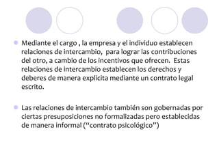  Mediante el cargo , la empresa y el individuo establecen
relaciones de intercambio, para lograr las contribuciones
del otro, a cambio de los incentivos que ofrecen. Estas
relaciones de intercambio establecen los derechos y
deberes de manera explicita mediante un contrato legal
escrito.
 Las relaciones de intercambio también son gobernadas por
ciertas presuposiciones no formalizadas pero establecidas
de manera informal (“contrato psicológico”)

 