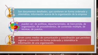 MANUALES
ADMINISTRATIVOS
Son documentos detallados, que contienen en forma ordenada y
sistemática, información acerca de la organización de la empresa

pueden ser: de políticas, departamentales, de bienvenida, de
organización, de procedimientos, de contenido múltiple, de
técnicas, de puestos.

sirven como medios de comunicación y coordinación que permiten
registrar y transmitir en forma ordenada y sistemática la
información de una organización.

 
