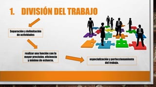 1. DIVISIÓN DEL TRABAJO
Separación y delimitación
de actividades

realizar una función con la
mayor precisión, eficiencia
y mínimo de esfuerzo,

especialización y perfeccionamiento
del trabajo.

 