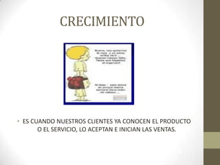 CRECIMIENTO
• ES CUANDO NUESTROS CLIENTES YA CONOCEN EL PRODUCTO
O EL SERVICIO, LO ACEPTAN E INICIAN LAS VENTAS.
 