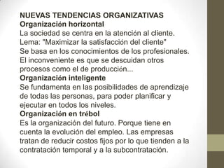 NUEVAS TENDENCIAS ORGANIZATIVAS
Organización horizontal
La sociedad se centra en la atención al cliente.
Lema: "Maximizar la satisfacción del cliente"
Se basa en los conocimientos de los profesionales.
El inconveniente es que se descuidan otros
procesos como el de producción...
Organización inteligente
Se fundamenta en las posibilidades de aprendizaje
de todas las personas, para poder planificar y
ejecutar en todos los niveles.
Organización en trébol
Es la organización del futuro. Porque tiene en
cuenta la evolución del empleo. Las empresas
tratan de reducir costos fijos por lo que tienden a la
contratación temporal y a la subcontratación.
 