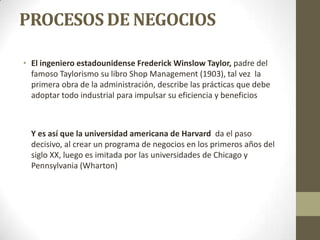 PROCESOS DE NEGOCIOS
• El ingeniero estadounidense Frederick Winslow Taylor, padre del
famoso Taylorismo su libro Shop Management (1903), tal vez la
primera obra de la administración, describe las prácticas que debe
adoptar todo industrial para impulsar su eficiencia y beneficios
Y es así que la universidad americana de Harvard da el paso
decisivo, al crear un programa de negocios en los primeros años del
siglo XX, luego es imitada por las universidades de Chicago y
Pennsylvania (Wharton)
 