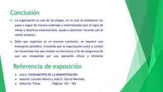 Conclusión
 La organización es una de las etapas, en la cual se establecen los
pasos a seguir de manera ordenada y sistematizada para el logro de
metas y objetivos empresariales, ayuda a optimizar recursos con el
menor esfuerzo.
 Dado que organizar es un proceso constante, se requiere una
evaluación periódica. A medida que la organización crece y cambia
las situaciones hay que evaluar su estructura a fin de asegurarse de
que sea compatible por una operación eficaz y eficiente
Referencia de exposición
 Libro: FUNDAMENTOS DE LA ADMINISTRACIÓN
 Autores: Lourdes Münch y José G. García Martínez
 Editorial: Trillas Páginas: 125 - 183
 