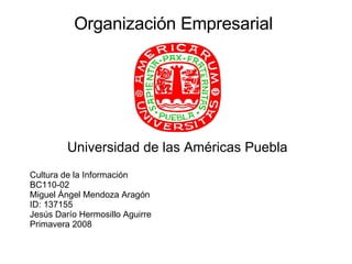 Organización Empresarial   Universidad de las Américas Puebla Cultura de la Información BC110-02 Miguel Ángel Mendoza Aragón ID: 137155 Jesús Darío Hermosillo Aguirre Primavera 2008 