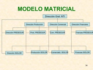 MODELO MATRICIAL Dirección Gral. NTI Dirección Producción Dirección Comercial Dirección Financiera Finanzas PRESEGUR Com. PRESEGUR Prod. PRESEGUR Dirección PRESEGUR Dirección ISOLOR Producción ISOLOR Comercializ. ISOLOR Finanzas ISOLOR 