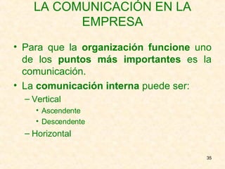 LA COMUNICACIÓN EN LA EMPRESA Para que la  organización funcione  uno de los  puntos más importantes  es la comunicación. La  comunicación interna  puede ser: Vertical Ascendente Descendente Horizontal  