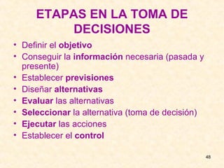 ETAPAS EN LA TOMA DE DECISIONES Definir el  objetivo Conseguir la  información  necesaria (pasada y presente) Establecer  previsiones Diseñar  alternativas Evaluar  las alternativas Seleccionar  la alternativa (toma de decisión) Ejecutar  las acciones Establecer el  control 