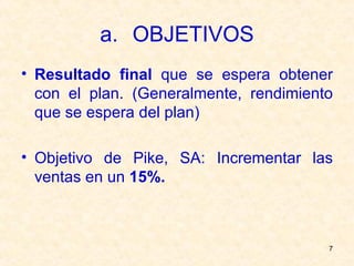 OBJETIVOS Resultado final  que se espera obtener con el plan. (Generalmente, rendimiento que se espera del plan) Objetivo de Pike, SA: Incrementar las ventas en un  15%. 
