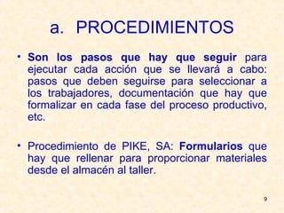 PROCEDIMIENTOS Son los pasos que hay que seguir  para ejecutar cada acción que se llevará a cabo: pasos que deben seguirse para seleccionar a los trabajadores, documentación que hay que formalizar en cada fase del proceso productivo, etc. Procedimiento de PIKE, SA:  Formularios  que hay que rellenar para proporcionar materiales desde el almacén al taller. 