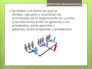 ESTRUCTURA ORGANIZACIONAL
 Se refiere a la forma en que se
dividen, agrupan y coordinan las
actividades de la organización en cuanto
a las relaciones entre los gerentes y los
empleados, entre gerentes y
gerentes, entre empleado y empleados.
 