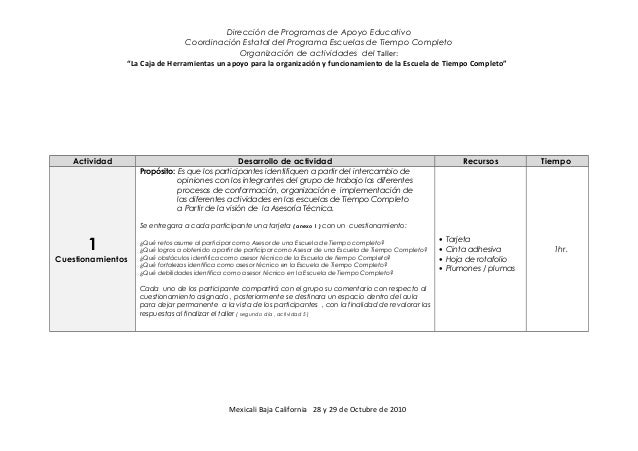 Carta descriptiva Taller "La caja de Herramientas " en la 