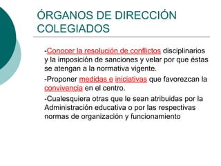 ÓRGANOS DE DIRECCIÓN
COLEGIADOS
-Conocer la resolución de conflictos disciplinarios
y la imposición de sanciones y velar por que éstas
se atengan a la normativa vigente.
-Proponer medidas e iniciativas que favorezcan la
convivencia en el centro.
-Cualesquiera otras que le sean atribuidas por la
Administración educativa o por las respectivas
normas de organización y funcionamiento

 