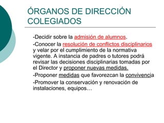 ÓRGANOS DE DIRECCIÓN
COLEGIADOS
-Decidir sobre la admisión de alumnos.
-Conocer la resolución de conflictos disciplinarios
y velar por el cumplimiento de la normativa
vigente. A instancia de padres o tutores podrá
revisar las decisiones disciplinarias tomadas por
el Director y proponer nuevas medidas.
-Proponer medidas que favorezcan la convivencia
-Promover la conservación y renovación de
instalaciones, equipos…

 