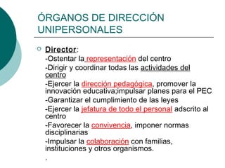 ÓRGANOS DE DIRECCIÓN
UNIPERSONALES


Director:
-Ostentar la representación del centro
-Dirigir y coordinar todas las actividades del
centro
-Ejercer la dirección pedagógica, promover la
innovación educativa;impulsar planes para el PEC
-Garantizar el cumplimiento de las leyes
-Ejercer la jefatura de todo el personal adscrito al
centro
-Favorecer la convivencia, imponer normas
disciplinarias
-Impulsar la colaboración con familias,
instituciones y otros organismos.
.

 