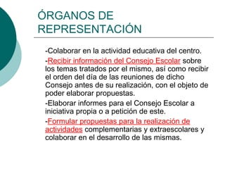 ÓRGANOS DE
REPRESENTACIÓN
-Colaborar en la actividad educativa del centro.
-Recibir información del Consejo Escolar sobre
los temas tratados por el mismo, así como recibir
el orden del día de las reuniones de dicho
Consejo antes de su realización, con el objeto de
poder elaborar propuestas.
-Elaborar informes para el Consejo Escolar a
iniciativa propia o a petición de este.
-Formular propuestas para la realización de
actividades complementarias y extraescolares y
colaborar en el desarrollo de las mismas.
 