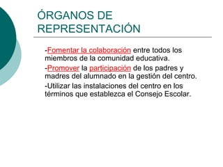 ÓRGANOS DE
REPRESENTACIÓN
-Fomentar la colaboración entre todos los
miembros de la comunidad educativa.
-Promover la participación de los padres y
madres del alumnado en la gestión del centro.
-Utilizar las instalaciones del centro en los
términos que establezca el Consejo Escolar.
 