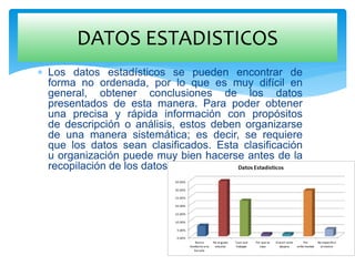  Los datos estadísticos se pueden encontrar de
forma no ordenada, por lo que es muy difícil en
general, obtener conclusiones de los datos
presentados de esta manera. Para poder obtener
una precisa y rápida información con propósitos
de descripción o análisis, estos deben organizarse
de una manera sistemática; es decir, se requiere
que los datos sean clasificados. Esta clasificación
u organización puede muy bien hacerse antes de la
recopilación de los datos.
DATOS ESTADISTICOS
 